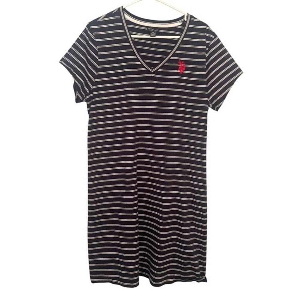 U.S. Polo Assn. Women's XL Striped V-Neck T-Shirt Dress Navy Blue White Casual